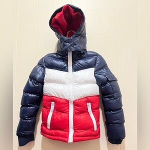 Toddler Puffer Jacket Red White Blue Hooded Winter Coat—Size 2T